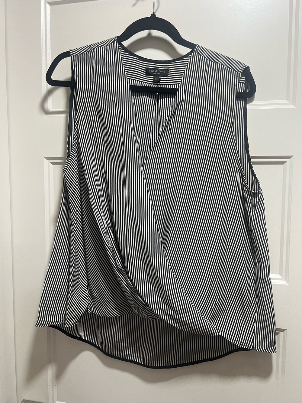rag & bone Black and White Striped Draped Sleeveless Top